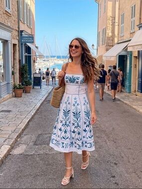 Sue Wong Linen Embroidered Dress Sleeveless Floral White/Teal Size 6